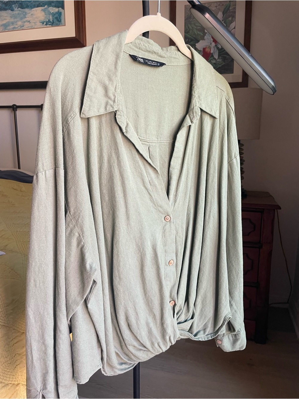 Zara Light Sage Green Draped Button-Down Shirt